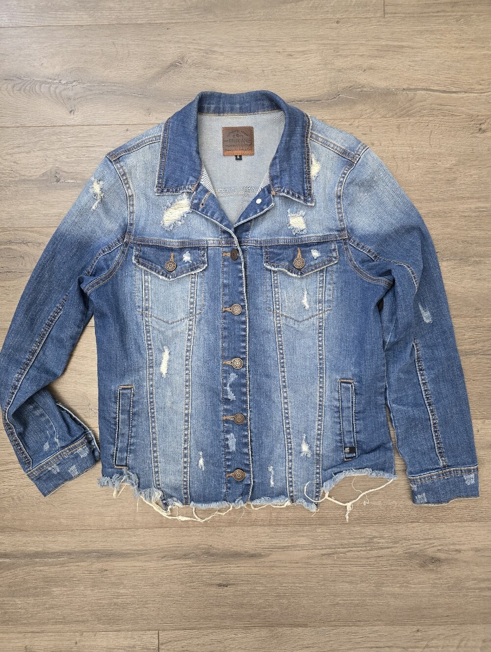 Enjean Denim Jacket Women's Size Small Distressed Streetwear Festival